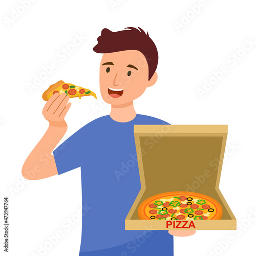 Man eating pizza in flat design on white background. Hungry guy eating fast food for lunch.