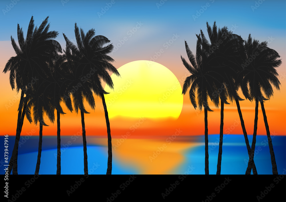 landscape view drawing palm tree and sunset at the ocean vector illustration