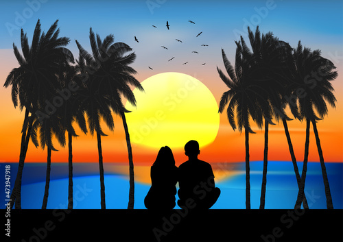 graphics image A couple man and women sitting look at sunset on the beach design vector illustration