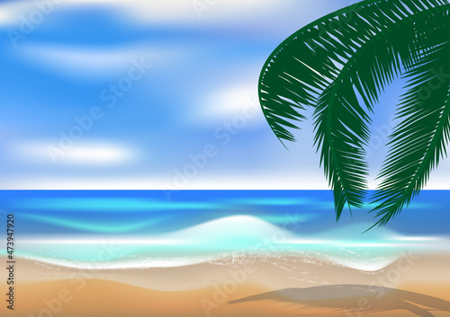 Fototapeta Naklejka Na Ścianę i Meble -  graphics drawing landscape view ocean and blue sky with coconut leaf vector illustration