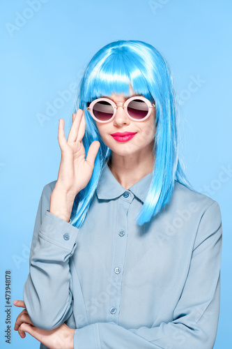 emotional woman in black wig shirt fashion posing