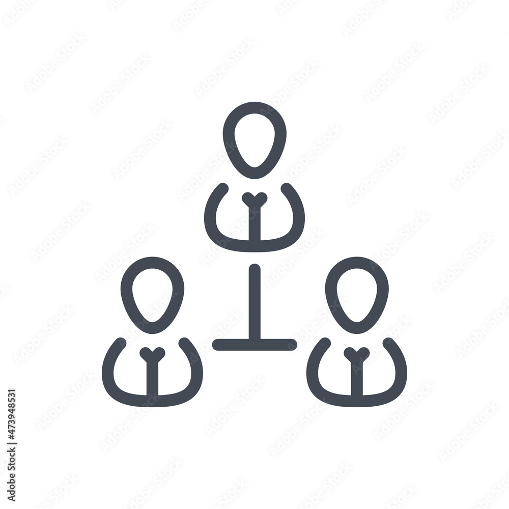 Social network and Company hierarchy line icon. Three persons with connection vector outline sign. Social network and Company hierarchy line icon. Three persons with connection vector outline sign.