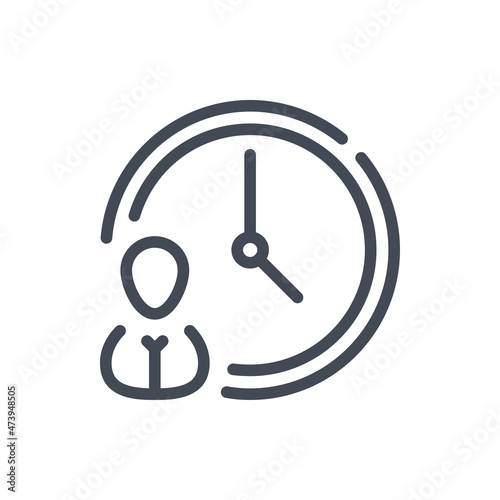Work time and Labor hours line icon. Clock with person vector outline sign.