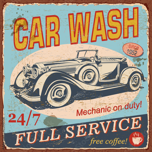 Vintage  Car Wash  poster with retro car.