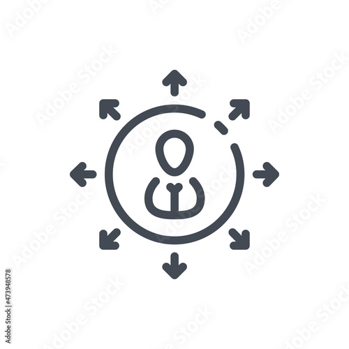 Multifunctionality and Versatility line icon. Person in circle with arrows pointing outward vector outline sign.