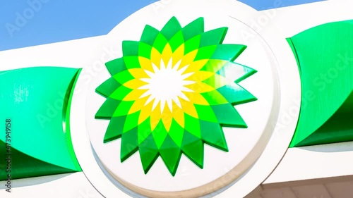 BP - British Petroleum petrol station logo over blue sky photo