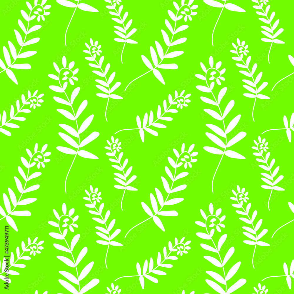 Vector seamless pattern with white flowers on neon green background. Bright, floral, botanical print in doodle style hand drawn. Designs for textiles, fabric, wrapping paper, invitationspackages.