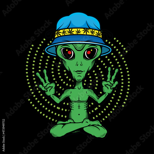Little green alien meditating. Alien Yoga showing piece signs. Cannabis Culture. Vector Illustration.Vector Illustration.