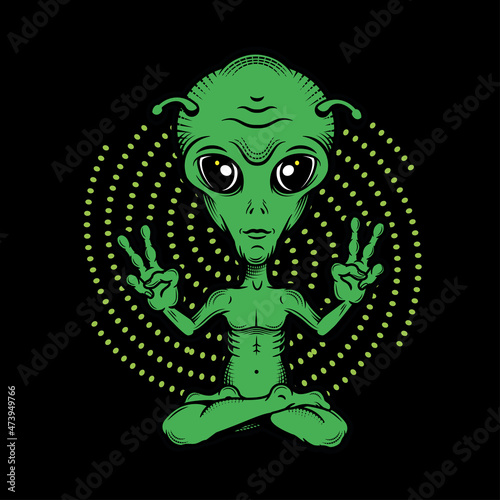 Little green alien meditating. Alien Yoga showing piece signs. Space ships.Vector Illustration.