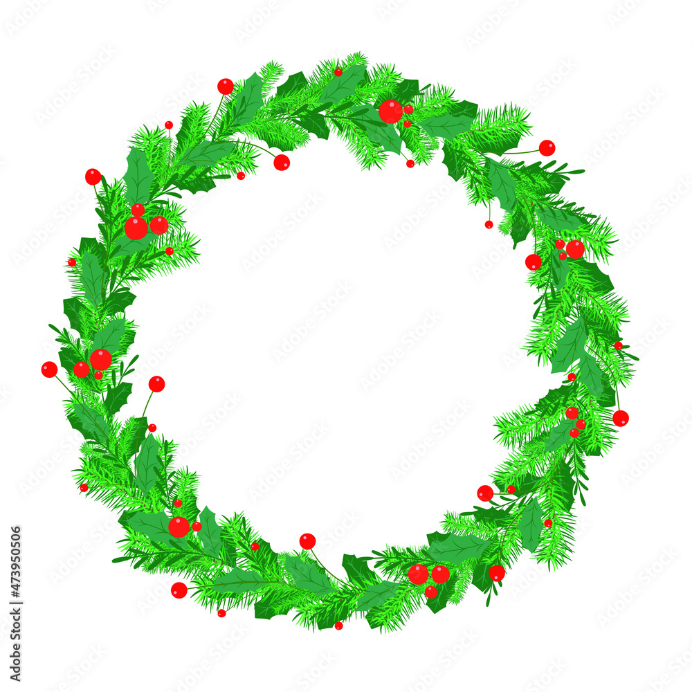 vector green christmas wreath. flat image of a wreath of fir branches and berries vector green christmas wreath. flat image of a wreath of fir branches and berries