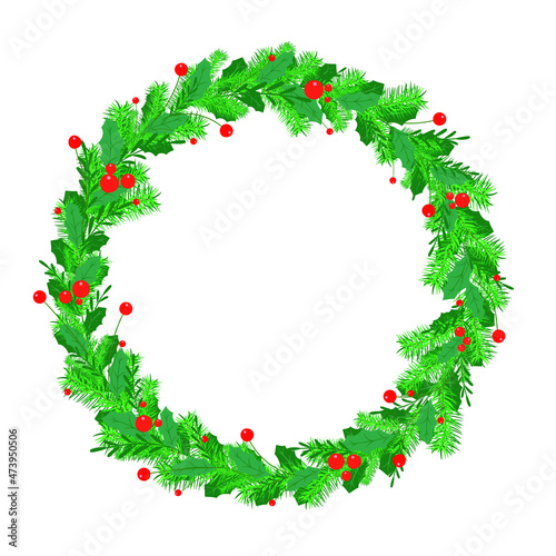 vector green christmas wreath. flat image of a wreath of fir branches and berries