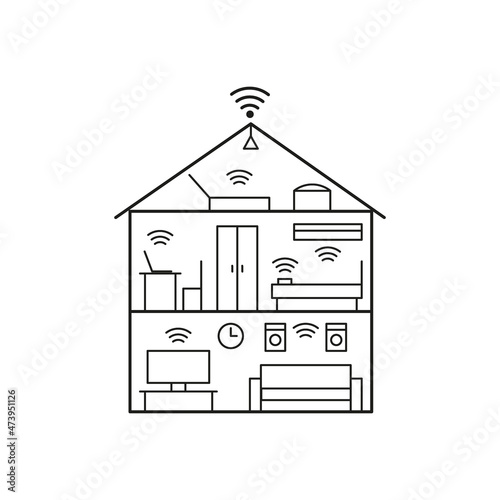 Control smart house from wifi, plan house inside line art. Building home in cut. Living rooms and bedroom with furniture and net. Vector illustration