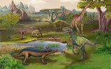 Scene with dinosaurs Asteroid explosion at the end of the prehistoric Jurassic, Cretaceous or Triassic era. Dinosaurs in prehistoric environment. Retro cartoon style abstract isolated illustration_04