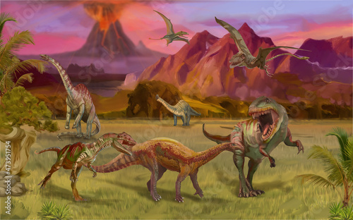 Scene with dinosaurs Asteroid explosion at the end of the prehistoric Jurassic  Cretaceous or Triassic era. Dinosaurs in prehistoric environment. Retro cartoon style abstract isolated illustration_03