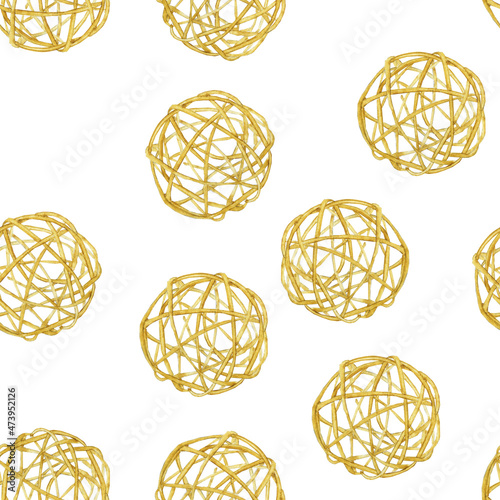 Seamless pattern of rattan or pedig ball on white background. Watercolor hand drawing illustration for wallpaper, textile, fabric. photo