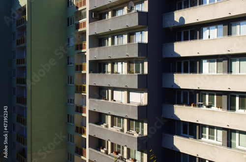 Block of flats, urban building, real estate concept.  Council tower block. Expensive prices for flats and apartments in the city.