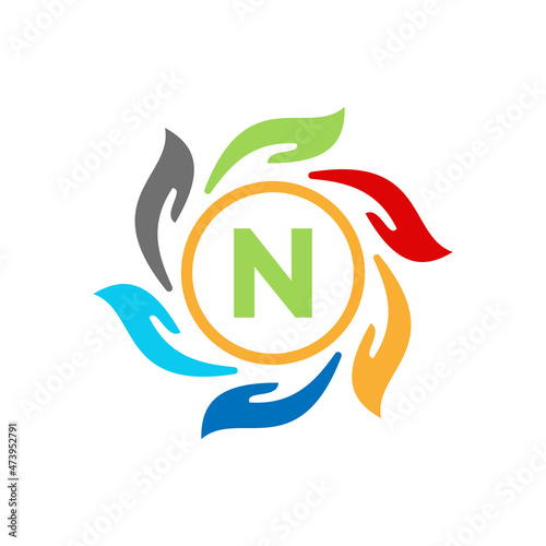 Health Care, Pharmacy, Medical Logo Design On Letter N. Charity Hand, Hand Care, Foundation Logotype With N Letter Vector Template