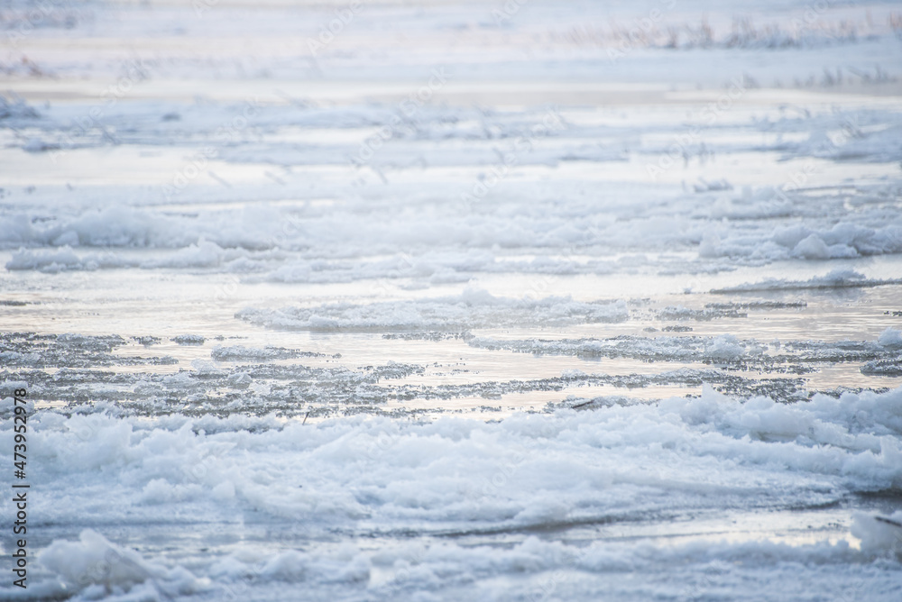 Cold winter morning, the water of the Venta river freezes, Kuldiga, Latvia
