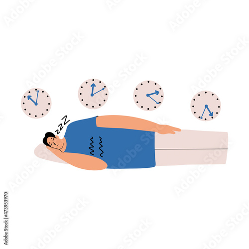 Sleep phase delay syndrome concept. The man is sleeping. Vector illustration is drawn by hand.