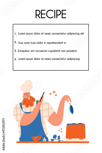 The cook prepares the soup. Flyer template for cafes, restaurants. Vector illustration in hand drawing style