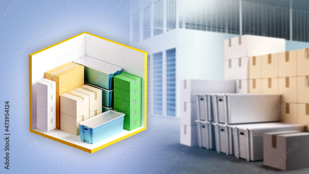 Demonstration of self-storage. A storage cell with boxes and containers. Warehouse storage. 3d image. Demonstration of self-storage. A storage cell with boxes and containers. Warehouse storage. 3d image.