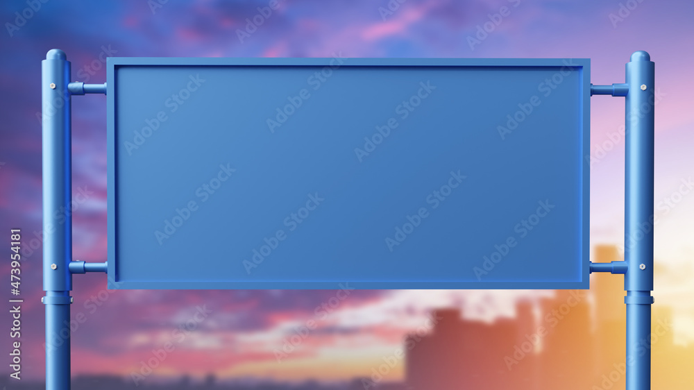 Obraz premium Billboard on the background of the city at sunset. Empty banner for outdoor advertising. Blue billboard mock-up on two supports. Street advertising, promotion. Place for message on poster. 3d image