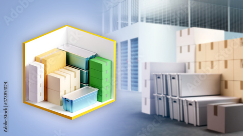 Demonstration of self-storage. A storage cell with boxes and containers. Warehouse storage. 3d image.