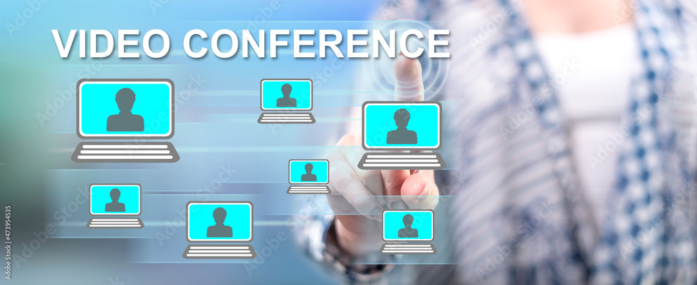 Woman touching a video conference concept