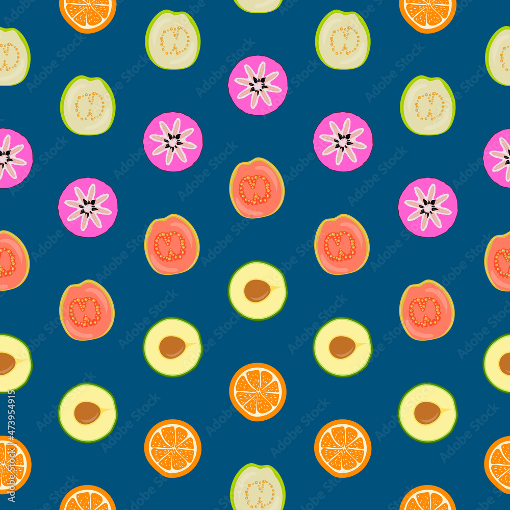 Seamless pattern with tropical exotic fruits in a cut. Round citrus cut Seamless pattern with tropical exotic fruits in a cut. Round citrus cut