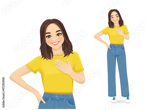 Happy cute young woman smiling with hand on chest. Love concept isolated vector illustration