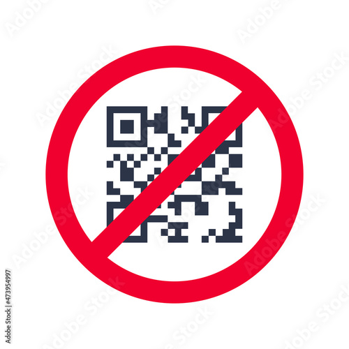 No QR code vector sign. QR code in red crossed out circle icon. Protest against QR code restrictions symbol