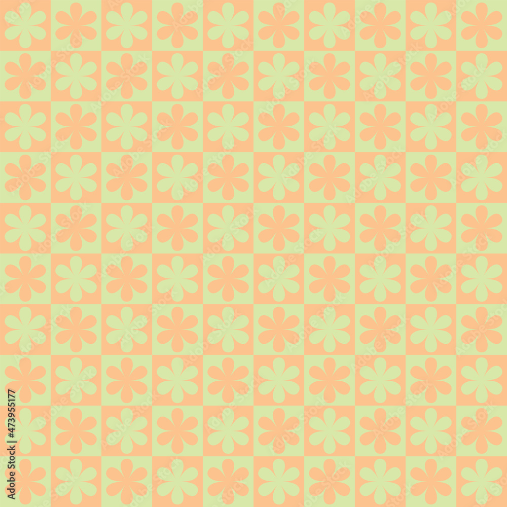 Chess table seamless pattern with geometric flowers. Simple and trendy flat vector illustration in retro style. Colorful background, 60s, 70s, hippie aesthetic