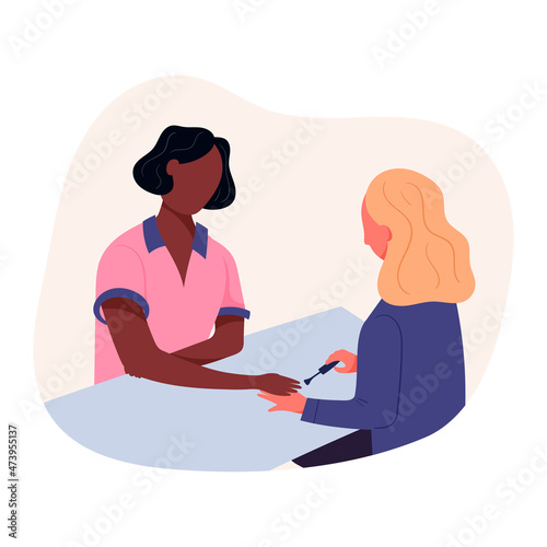Vector illustration of a woman in a beauty salon. The nail master sitting and doing a professional manicure.