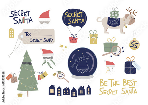 Secret Santa Christmas Elements set for invite to event, corporate, party, gift tag, message. Lettering for card, banner, web
