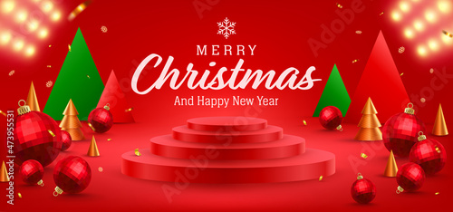 Merry Christmas and Happy New Year Promotion Poster or banner with product podium, spotlight, christmas ball and christmas element for Retail,Shopping or Christmas Promotion.