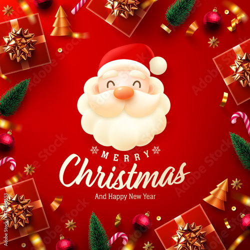 Merry Christmas and Happy New Year Poster or banner with Santa claus red,gift box and christmas element for Retail,Shopping or Christmas Promotion in red and gold style. Vector illustration eps 10