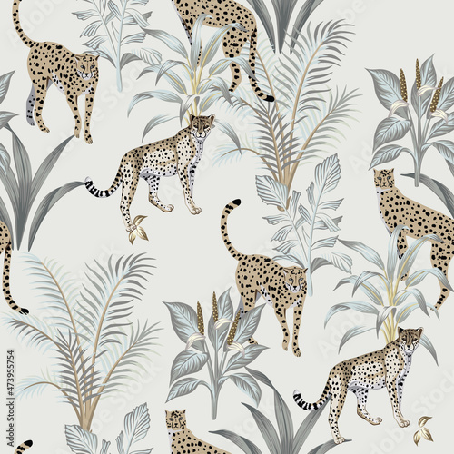 Vintage tropical plant, leopard, cheetah animal floral seamless pattern grey background. Exotic jungle wallpaper.