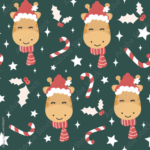 cute winter holidays hand drawn seamless vector pattern background illustration with giraffe with santa claus hat, holly, candy cane and stars