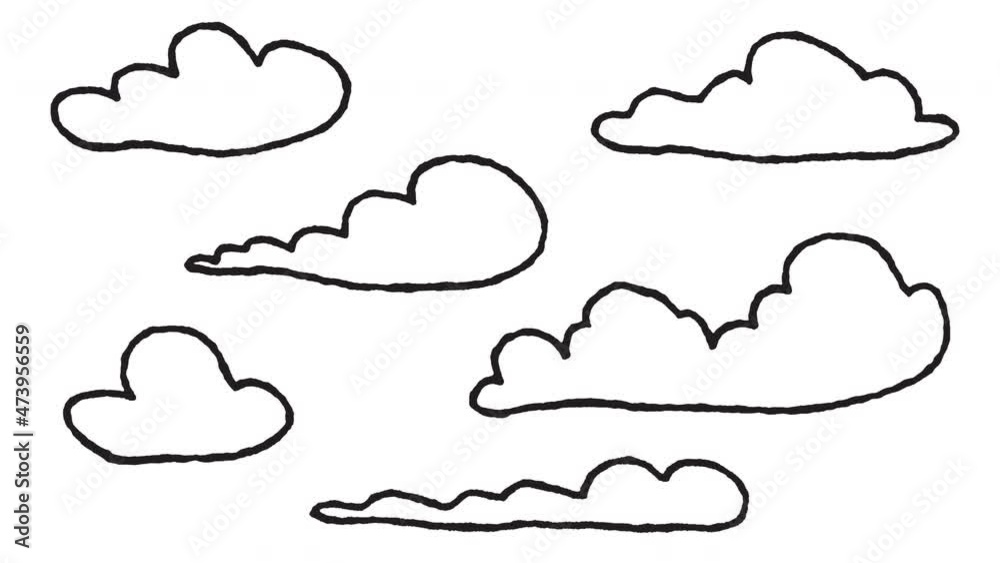 Abstract funny hand drawn clouds on white background. Cartoon cute element in trendy vintage stop motion style. Seamless loop doodle sketch animation for creative design project.