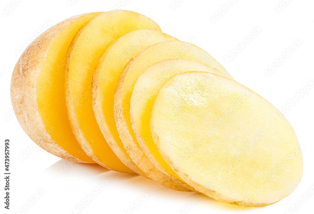Sliced potatoes. Cut raw potato vegetables isolated on white background with clipping