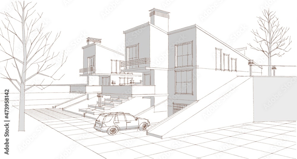 Obraz modern house architectural sketch 3d rendering