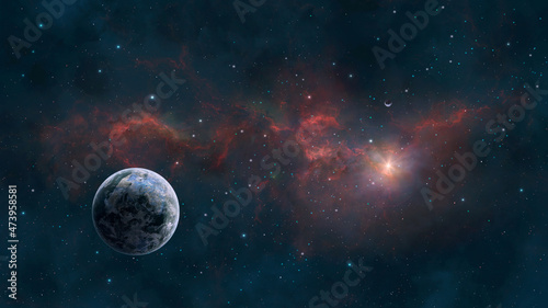 Space background. Colorful nebula in blue and red color with two planet. Elements furnished by NASA. 3D rendering