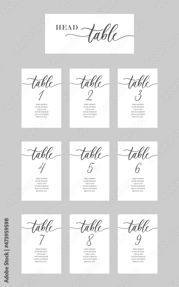 Wedding calligraphy guests seating cards, template with numbers and lettering.