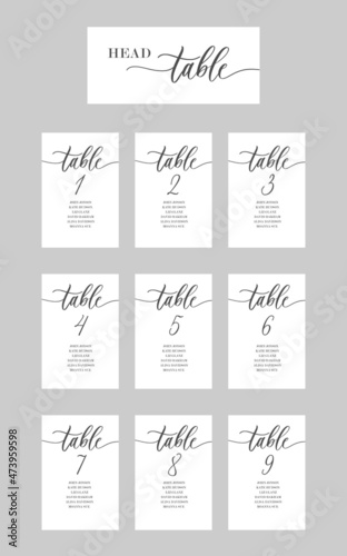 Wedding calligraphy guests seating cards, template with numbers and lettering.