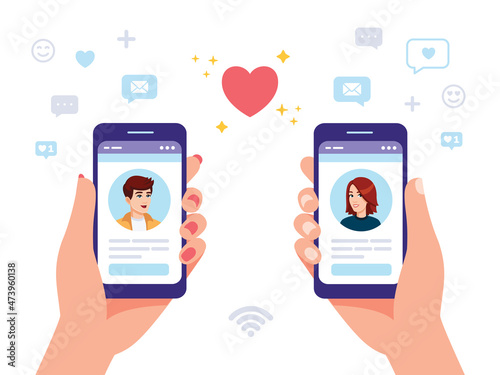 Man and woman are holding smartphones with dating service app Virtual relationship concept