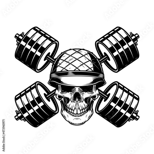 Soldier skull with crossed barbells. Design element for logo, label, sign. Vector illustration