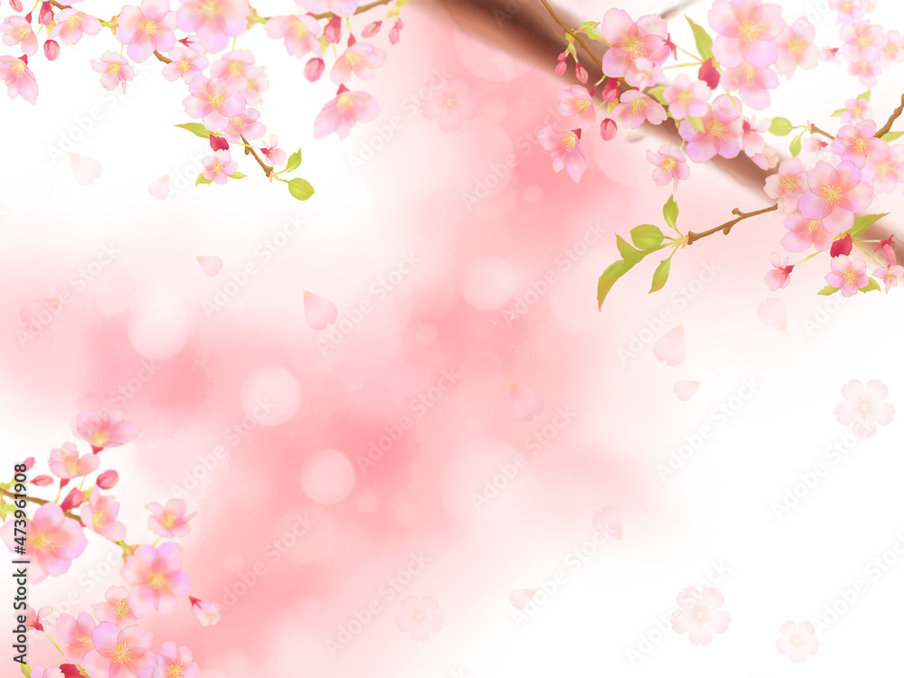 桜の枝と桜舞うピンクの背景フレーム（横）