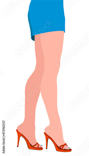 Slender female legs in red high heels and a blue short skirt. Cartoon style. Vector illustration