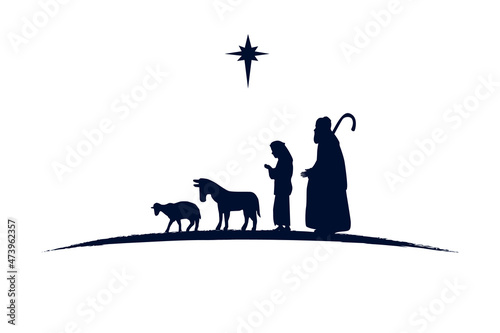 Fototapet Shepherds and animals black silhouette nativity scene