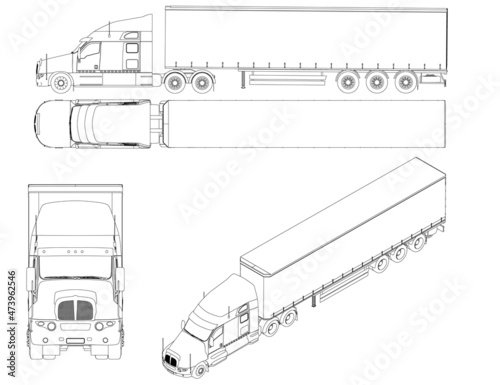 Set with contours of trucks with wagons from black lines Isolated on white background. Front, side, top, isometric view. Vector illustration